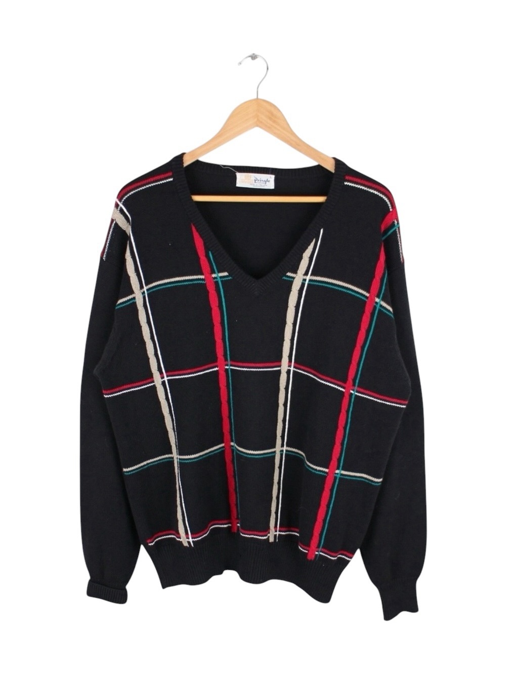 Pringle of Scotland‎ Mens Black V-Neck Sweater Size L Vintage Striped Cable Knit